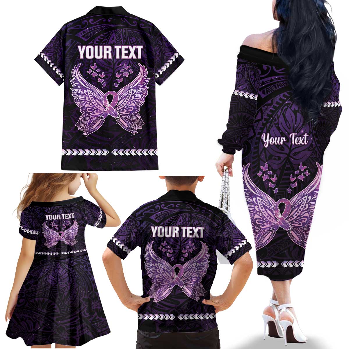 Personalised Alzheimer's Awareness Family Matching Off The Shoulder Long Sleeve Dress and Hawaiian Shirt You May Not Remember But I Will Never Forget LT05 - Polynesian Pride