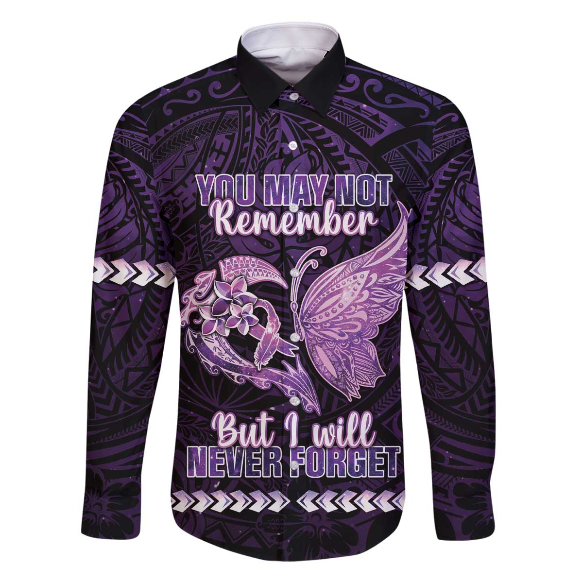 Personalised Alzheimer's Awareness Family Matching Off The Shoulder Long Sleeve Dress and Hawaiian Shirt You May Not Remember But I Will Never Forget LT05 Dad's Shirt - Long Sleeve Purple - Polynesian Pride