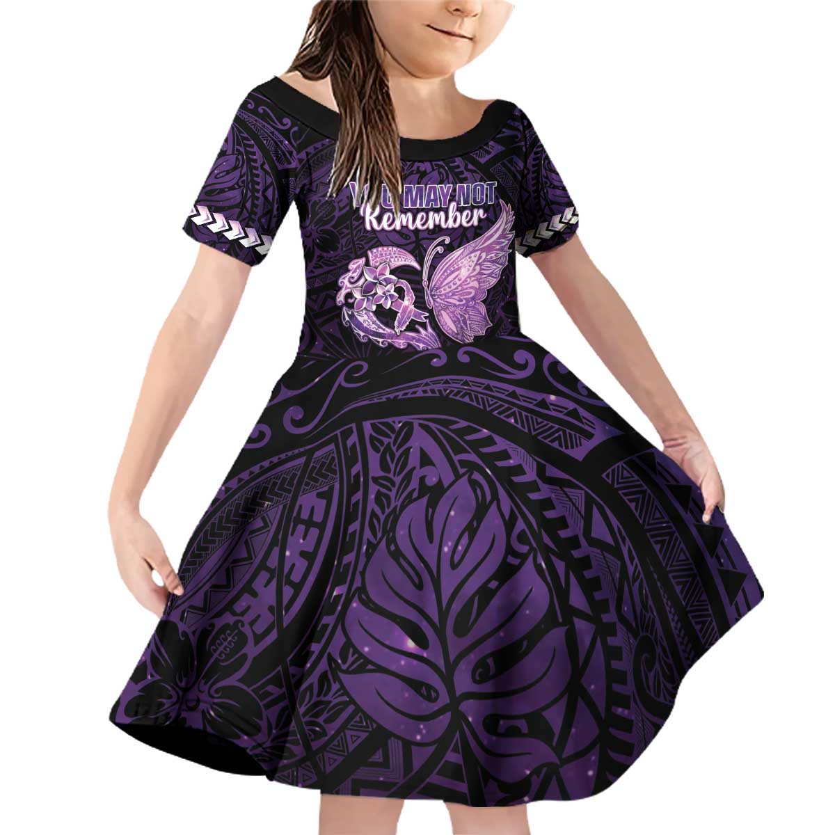 Personalised Alzheimer's Awareness Family Matching Off Shoulder Short Dress and Hawaiian Shirt You May Not Remember But I Will Never Forget LT05 Daughter's Dress Purple - Polynesian Pride