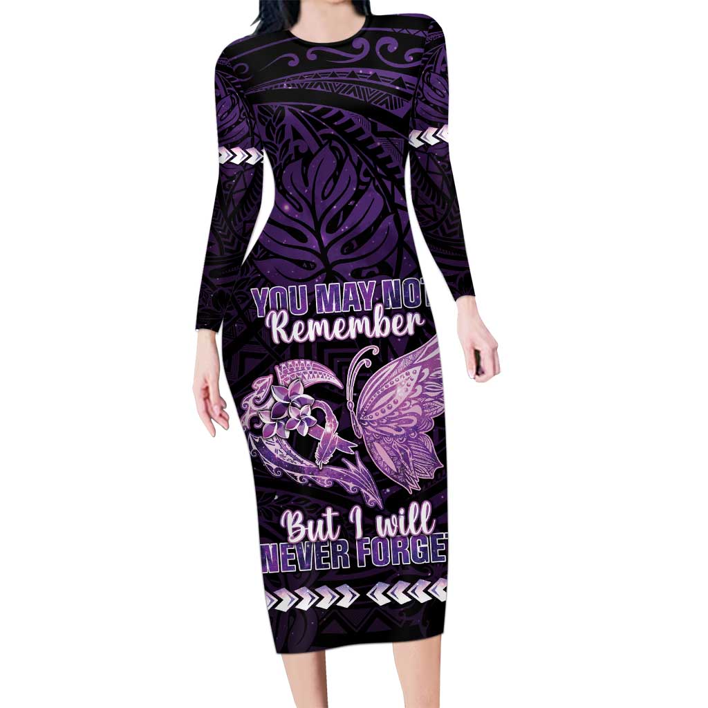 Personalised Alzheimer's Awareness Long Sleeve Bodycon Dress You May Not Remember But I Will Never Forget LT05 Long Dress Purple - Polynesian Pride