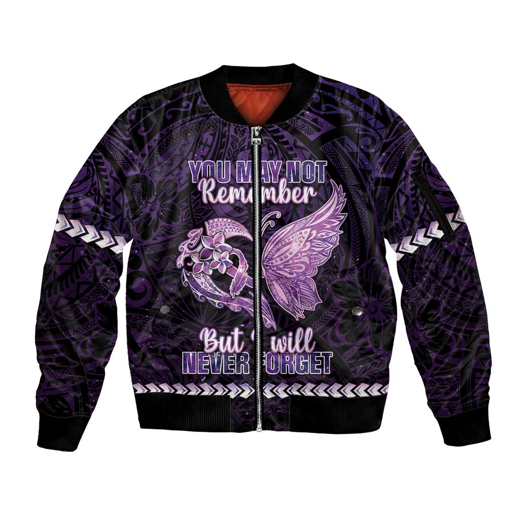 Personalised Alzheimer's Awareness Sleeve Zip Bomber Jacket You May Not Remember But I Will Never Forget LT05 Unisex Purple - Polynesian Pride