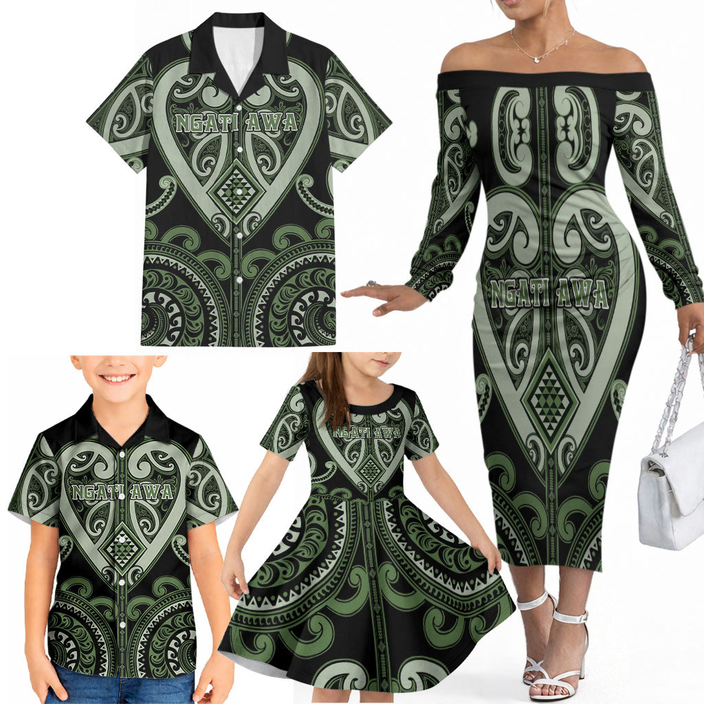 Custom Aotearoa Ngati Awa Family Matching Off The Shoulder Long Sleeve Dress and Hawaiian Shirt Maori Tribal Pattern LT05 - Polynesian Pride