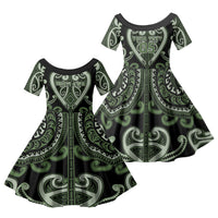 Custom Aotearoa Ngati Awa Family Matching Off The Shoulder Long Sleeve Dress and Hawaiian Shirt Maori Tribal Pattern LT05 Daughter's Dress Green - Polynesian Pride