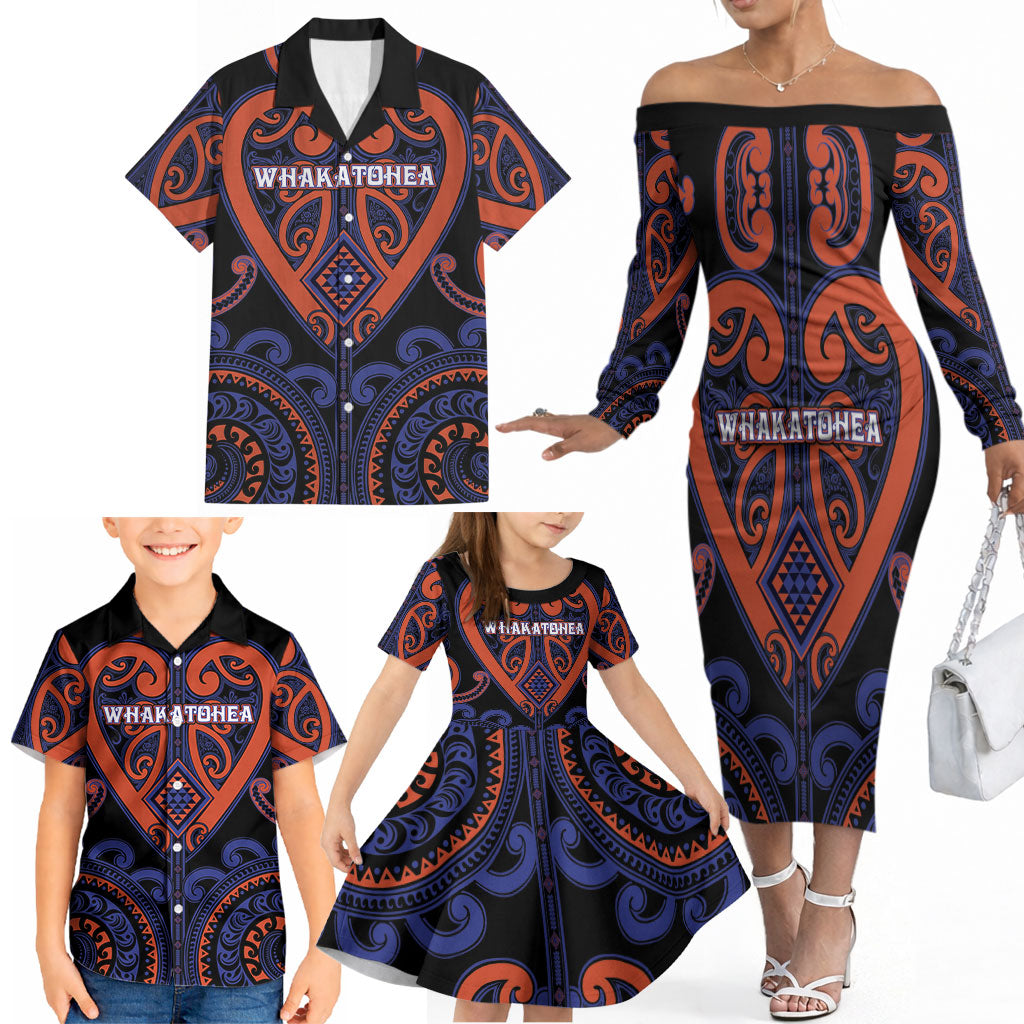 Custom Aotearoa Whakatohea Family Matching Off The Shoulder Long Sleeve Dress and Hawaiian Shirt Maori Tribal Pattern LT05 - Polynesian Pride