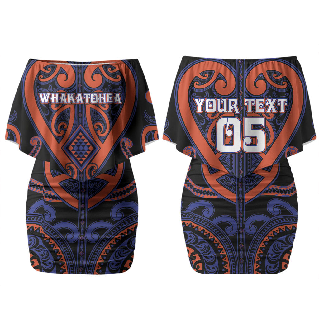 Custom Aotearoa Whakatohea Family Matching Off Shoulder Short Dress and Hawaiian Shirt Maori Tribal Pattern LT05 Mom's Dress Navy - Polynesian Pride