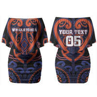 Custom Aotearoa Whakatohea Family Matching Off Shoulder Short Dress and Hawaiian Shirt Maori Tribal Pattern LT05 Mom's Dress Navy - Polynesian Pride