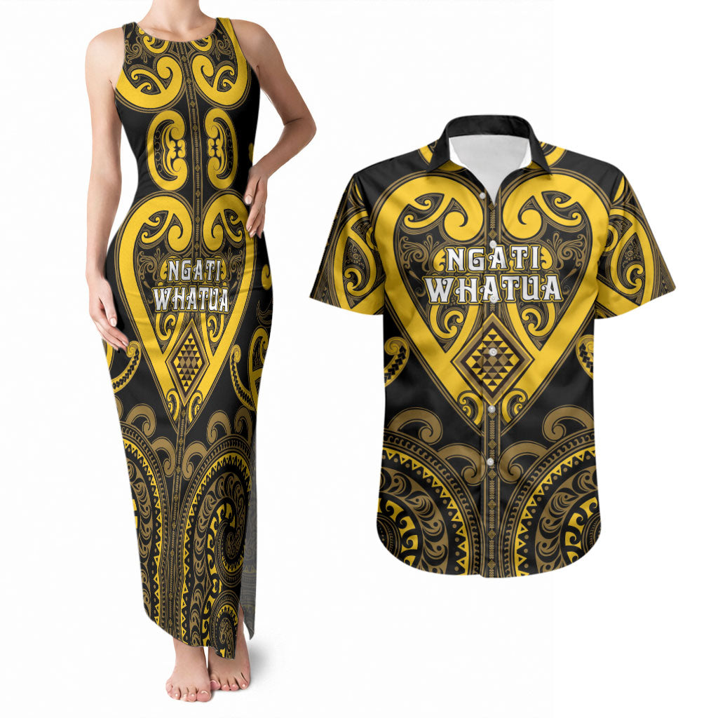 Custom Aotearoa Ngati Whatua Couples Matching Tank Maxi Dress and Hawaiian Shirt Maori Tribal Pattern LT05 Yellow - Polynesian Pride