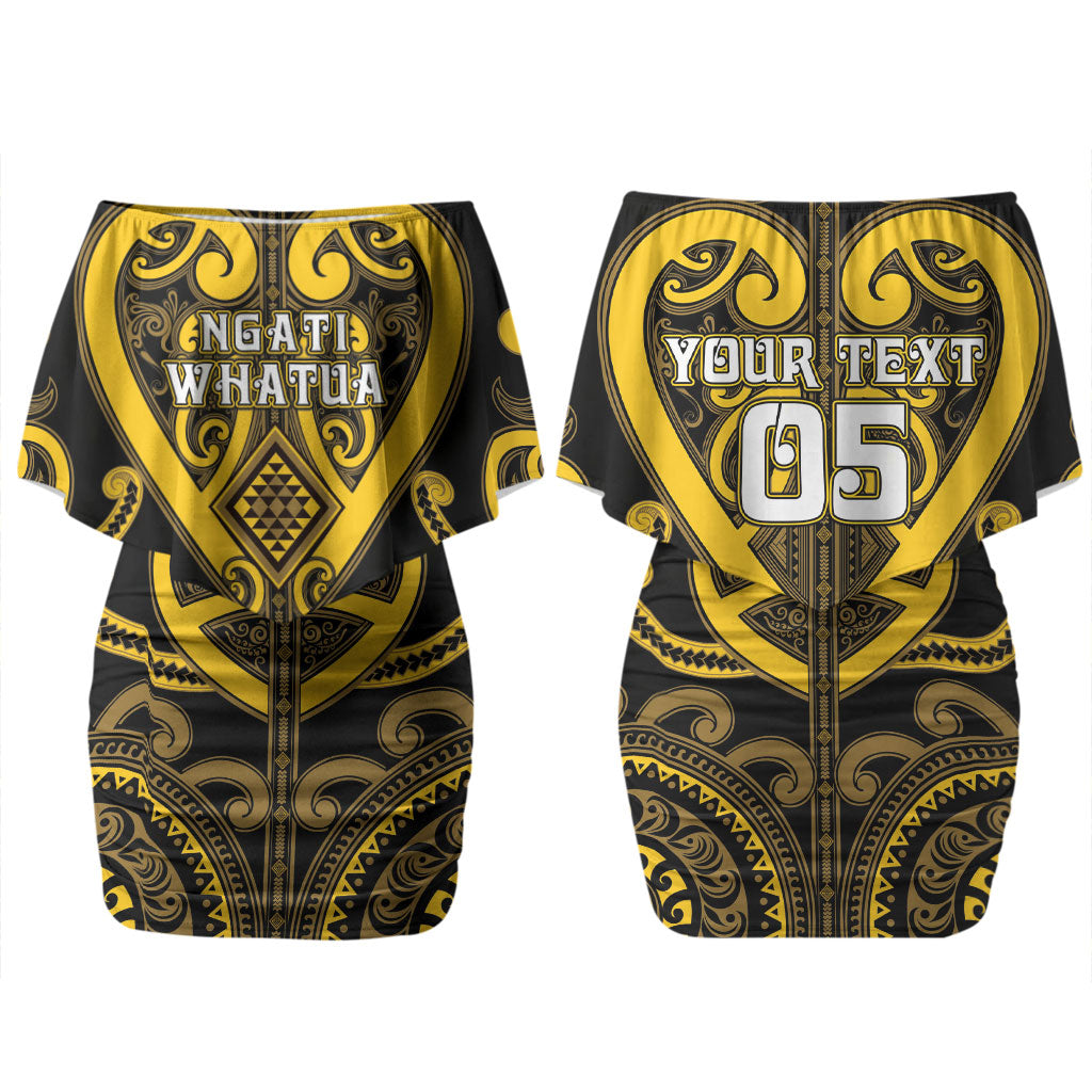 Custom Aotearoa Ngati Whatua Family Matching Off Shoulder Short Dress and Hawaiian Shirt Maori Tribal Pattern LT05 Mom's Dress Yellow - Polynesian Pride