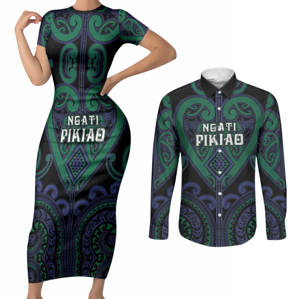 Custom Aotearoa Ngati Pikiao Couples Matching Short Sleeve Bodycon Dress and Long Sleeve Button Shirt Maori Tribal Pattern LT05 Green - Polynesian Pride