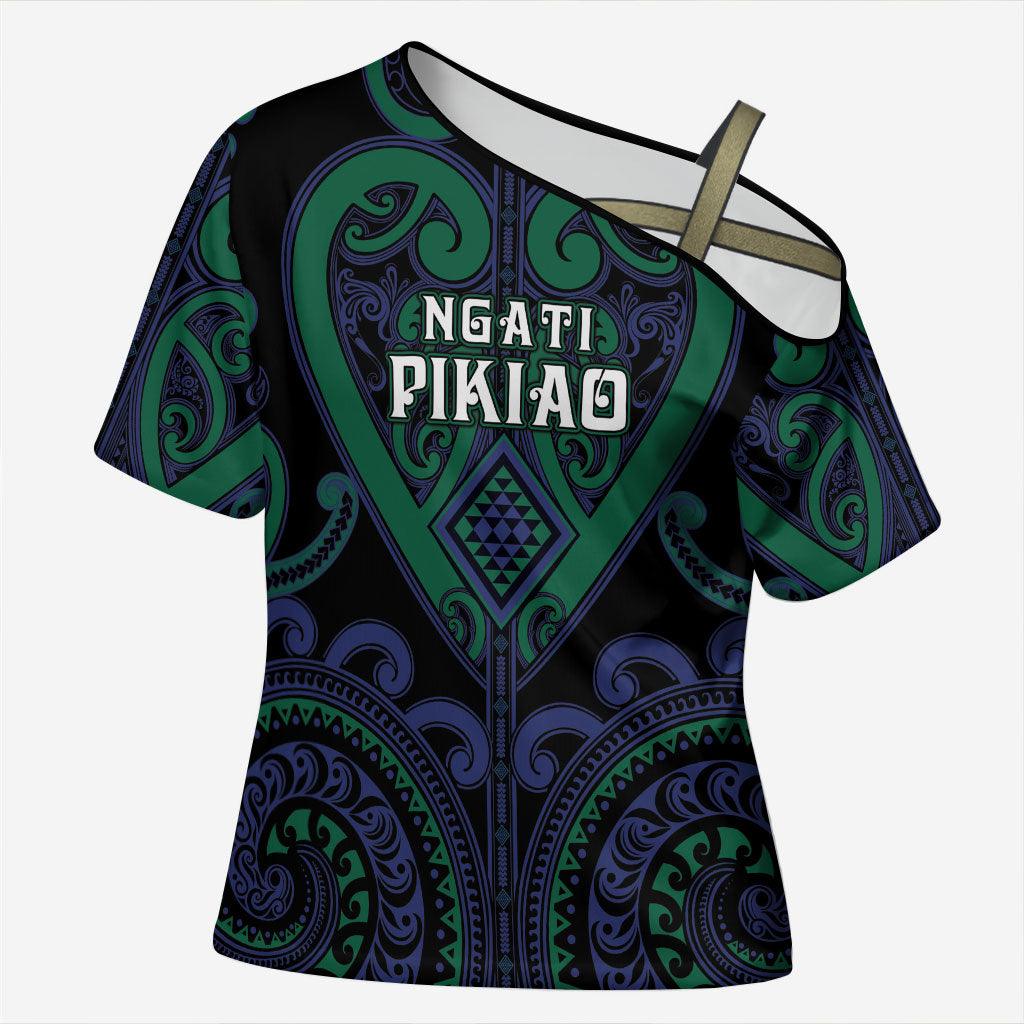 Custom Aotearoa Ngati Pikiao Cross Shoulder Shirt Maori Tribal Pattern LT05 Female Green - Polynesian Pride