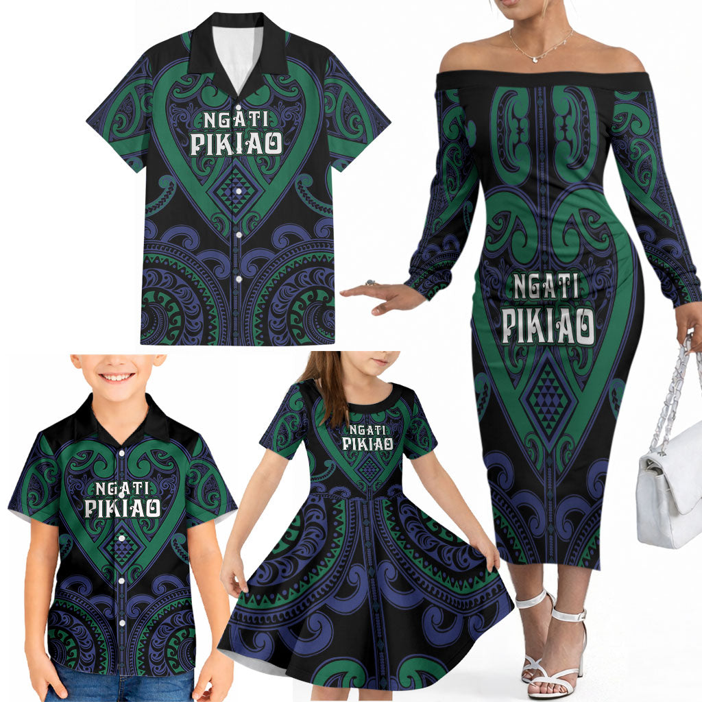 Custom Aotearoa Ngati Pikiao Family Matching Off The Shoulder Long Sleeve Dress and Hawaiian Shirt Maori Tribal Pattern LT05 - Polynesian Pride