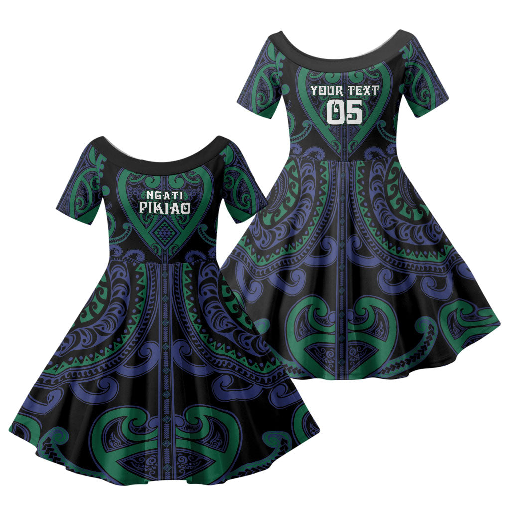 Custom Aotearoa Ngati Pikiao Family Matching Off The Shoulder Long Sleeve Dress and Hawaiian Shirt Maori Tribal Pattern LT05 Daughter's Dress Green - Polynesian Pride