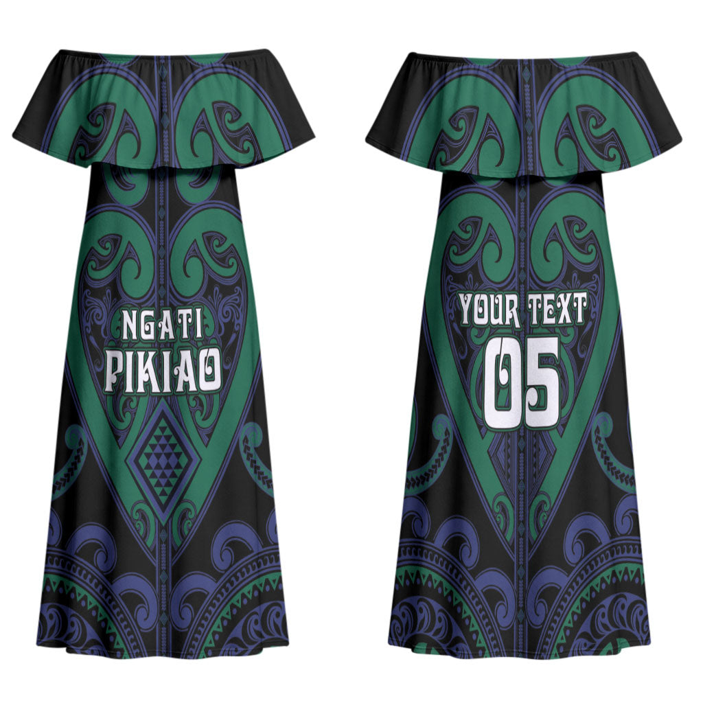 Custom Aotearoa Ngati Pikiao Family Matching Off Shoulder Maxi Dress and Hawaiian Shirt Maori Tribal Pattern LT05 Mom's Dress Green - Polynesian Pride