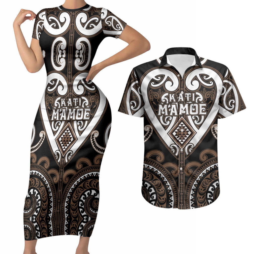 Custom Aotearoa Kati Mamoe Couples Matching Short Sleeve Bodycon Dress and Hawaiian Shirt Maori Tribal Pattern LT05 Brown - Polynesian Pride
