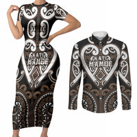 Custom Aotearoa Kati Mamoe Couples Matching Short Sleeve Bodycon Dress and Long Sleeve Button Shirt Maori Tribal Pattern LT05 Brown - Polynesian Pride