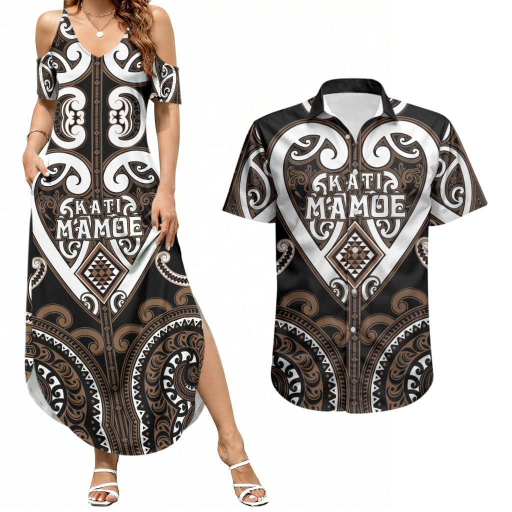 Custom Aotearoa Kati Mamoe Couples Matching Summer Maxi Dress and Hawaiian Shirt Maori Tribal Pattern LT05 Brown - Polynesian Pride