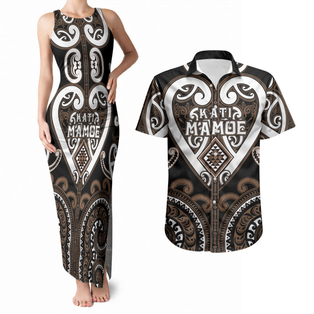 Custom Aotearoa Kati Mamoe Couples Matching Tank Maxi Dress and Hawaiian Shirt Maori Tribal Pattern LT05 Brown - Polynesian Pride