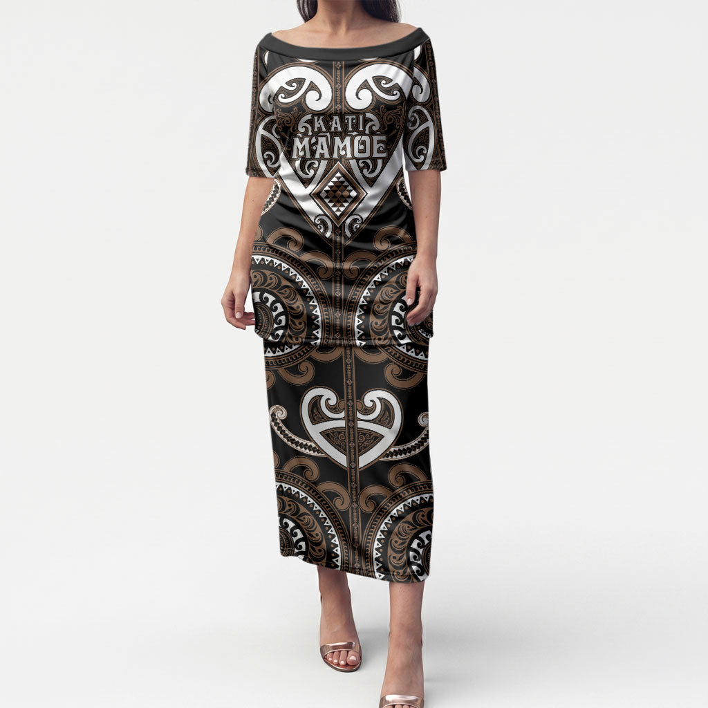 Custom Aotearoa Kati Mamoe Puletasi Maori Tribal Pattern LT05 Long Dress Brown - Polynesian Pride