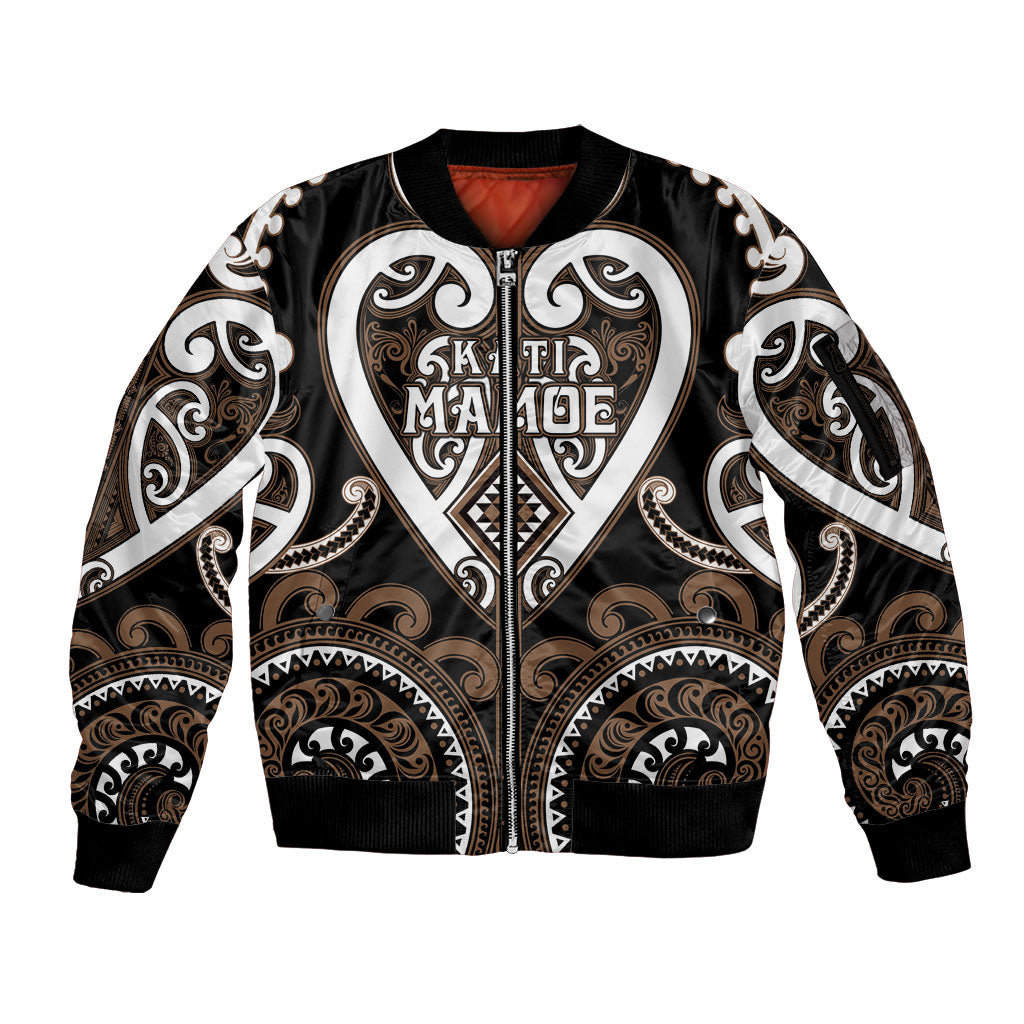 Custom Aotearoa Kati Mamoe Sleeve Zip Bomber Jacket Maori Tribal Pattern LT05 Unisex Brown - Polynesian Pride
