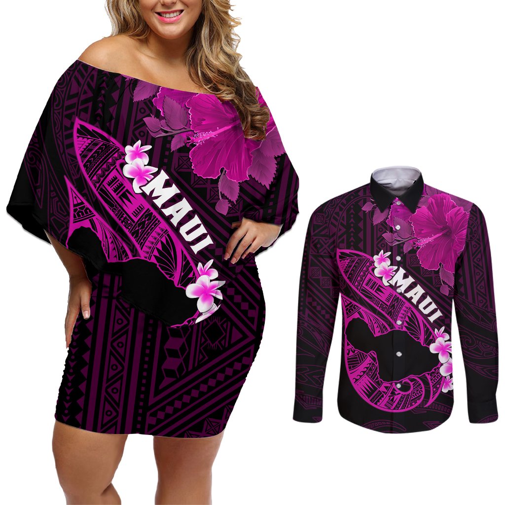 Personalized Hawaii Maui Couples Matching Off Shoulder Short Dress and Long Sleeve Button Shirts Polynesian Fish Hook Hibiscus Pink Version LT05 Pink - Polynesian Pride