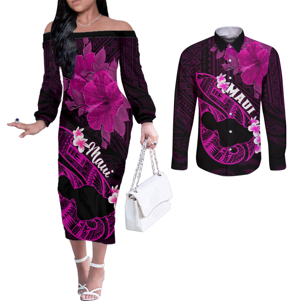 Personalized Hawaii Maui Couples Matching Off The Shoulder Long Sleeve Dress and Long Sleeve Button Shirts Polynesian Fish Hook Hibiscus Pink Version LT05 Pink - Polynesian Pride