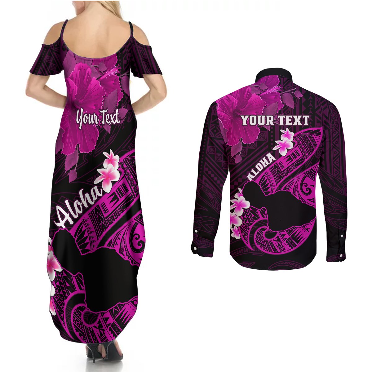 Personalized Hawaii Maui Couples Matching Summer Maxi Dress and Long Sleeve Button Shirts Polynesian Fish Hook Hibiscus Pink Version LT05 - Polynesian Pride