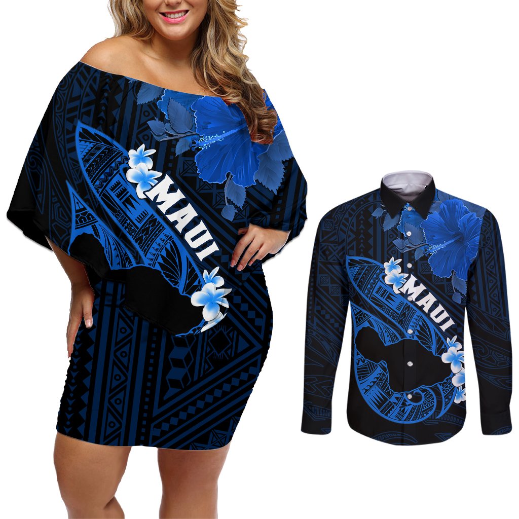 Personalized Hawaii Maui Couples Matching Off Shoulder Short Dress and Long Sleeve Button Shirts Polynesian Fish Hook Hibiscus Blue Version LT05 Blue - Polynesian Pride