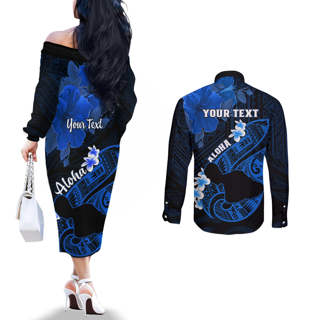 Personalized Hawaii Maui Couples Matching Off The Shoulder Long Sleeve Dress and Long Sleeve Button Shirts Polynesian Fish Hook Hibiscus Blue Version LT05 - Polynesian Pride