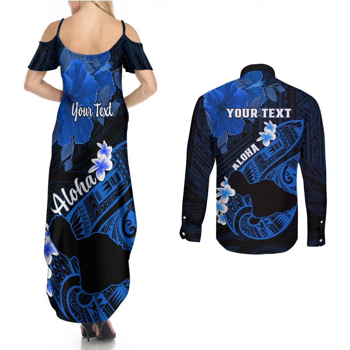 Personalized Hawaii Maui Couples Matching Summer Maxi Dress and Long Sleeve Button Shirts Polynesian Fish Hook Hibiscus Blue Version LT05 - Polynesian Pride