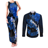 Personalized Hawaii Maui Couples Matching Tank Maxi Dress and Long Sleeve Button Shirts Polynesian Fish Hook Hibiscus Blue Version LT05 Blue - Polynesian Pride