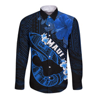 Personalized Hawaii Maui Long Sleeve Button Shirt Polynesian Fish Hook Hibiscus Blue Version LT05 Unisex Blue - Polynesian Pride