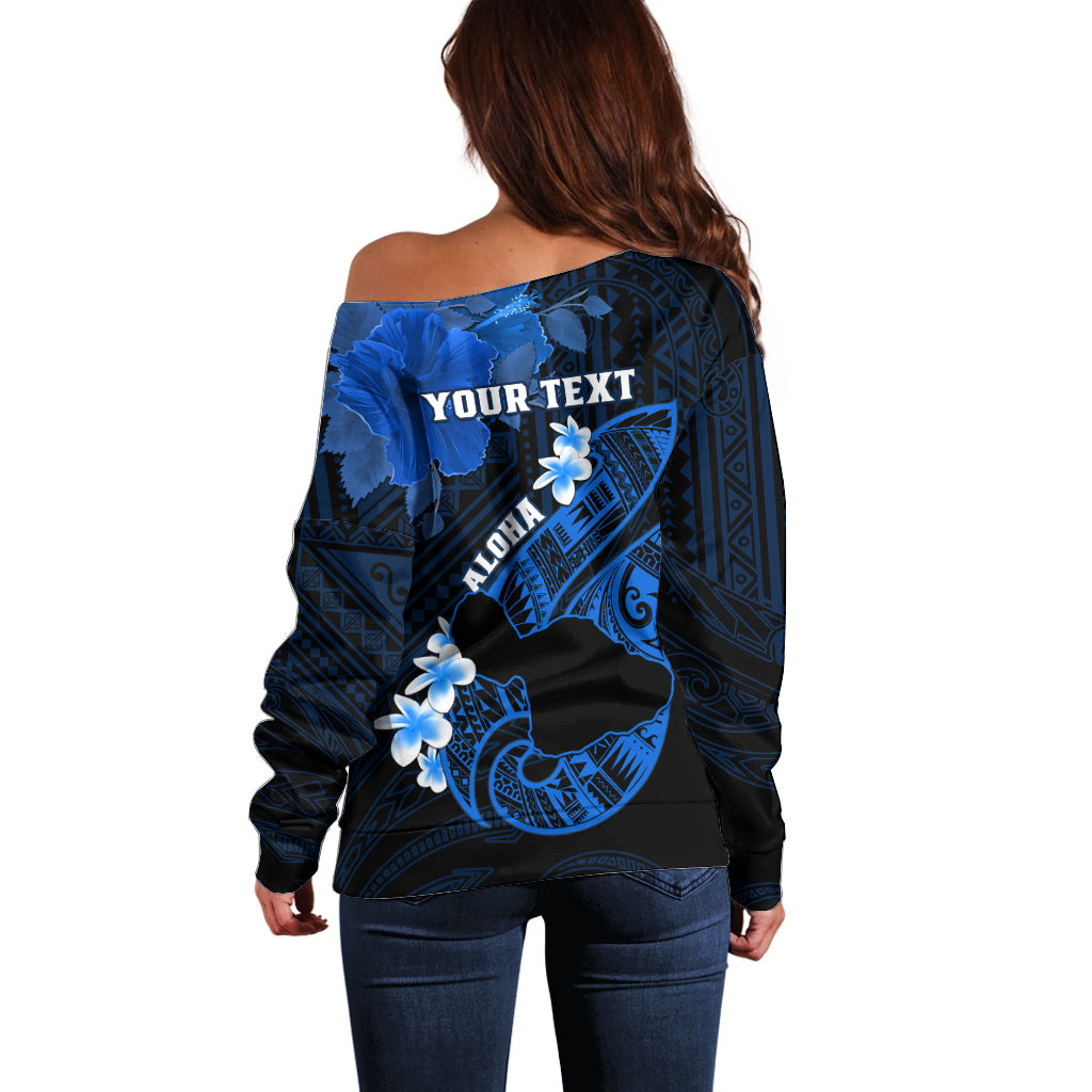 Personalized Hawaii Maui Off Shoulder Sweater Polynesian Fish Hook Hibiscus Blue Version LT05 - Polynesian Pride