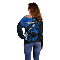 Personalized Hawaii Maui Off Shoulder Sweater Polynesian Fish Hook Hibiscus Blue Version LT05 - Polynesian Pride