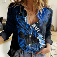 Personalized Hawaii Maui Women Casual Shirt Polynesian Fish Hook Hibiscus Blue Version LT05 Female Blue - Polynesian Pride