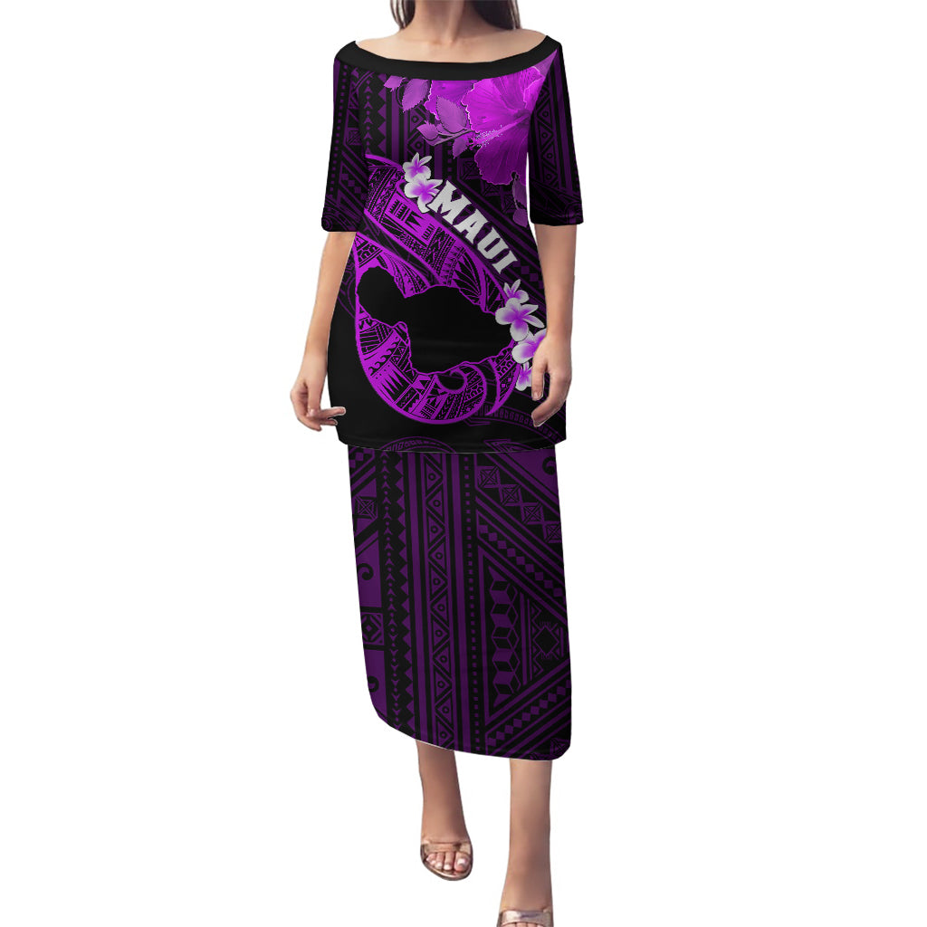 Hawaii Maui Puletasi Polynesian Fish Hook Hibiscus Purple Version LT05 Long Dress Purple - Polynesian Pride