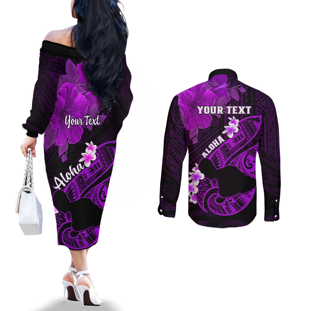 Personalized Hawaii Maui Couples Matching Off The Shoulder Long Sleeve Dress and Long Sleeve Button Shirts Polynesian Fish Hook Hibiscus Purple Version LT05 - Polynesian Pride