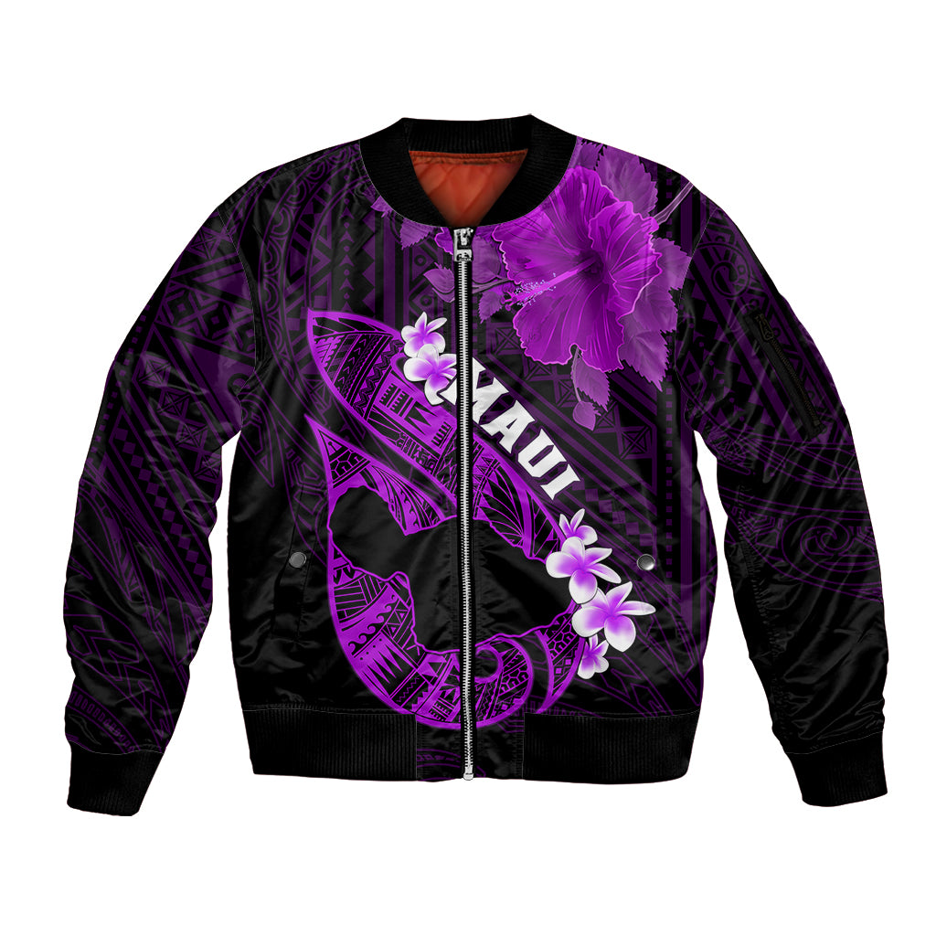 Personalized Hawaii Maui Sleeve Zip Bomber Jacket Polynesian Fish Hook Hibiscus Purple Version LT05 Unisex Purple - Polynesian Pride