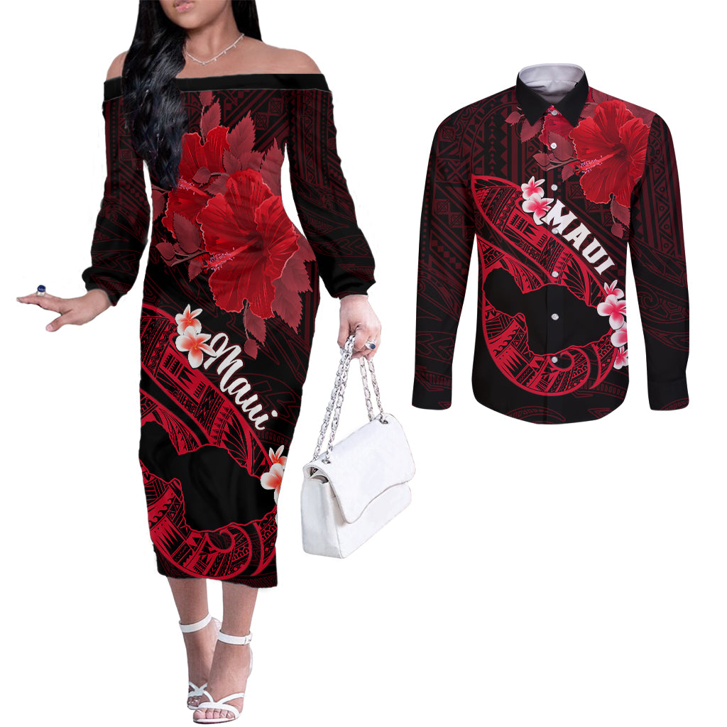 Personalized Hawaii Maui Couples Matching Off The Shoulder Long Sleeve Dress and Long Sleeve Button Shirts Polynesian Fish Hook Hibiscus Red Version LT05 Red - Polynesian Pride