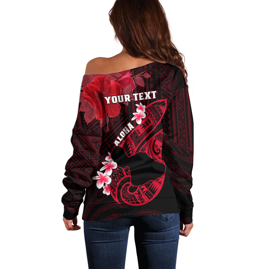 Personalized Hawaii Maui Off Shoulder Sweater Polynesian Fish Hook Hibiscus Red Version LT05 - Polynesian Pride