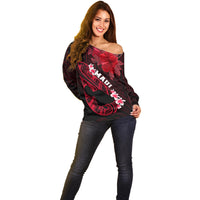 Personalized Hawaii Maui Off Shoulder Sweater Polynesian Fish Hook Hibiscus Red Version LT05 - Polynesian Pride