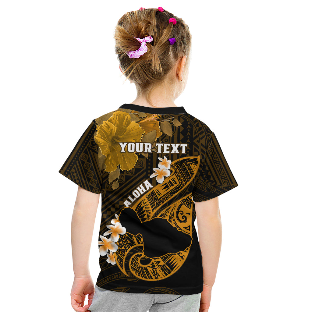 Personalized Hawaii Maui Kid T Shirt Polynesian Fish Hook Hibiscus Gold Version LT05 - Polynesian Pride
