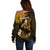 Personalized Hawaii Maui Off Shoulder Sweater Polynesian Fish Hook Hibiscus Gold Version LT05 - Polynesian Pride