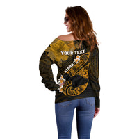 Personalized Hawaii Maui Off Shoulder Sweater Polynesian Fish Hook Hibiscus Gold Version LT05 - Polynesian Pride