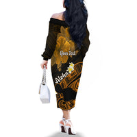 Personalized Hawaii Maui Off The Shoulder Long Sleeve Dress Polynesian Fish Hook Hibiscus Gold Version LT05 - Polynesian Pride