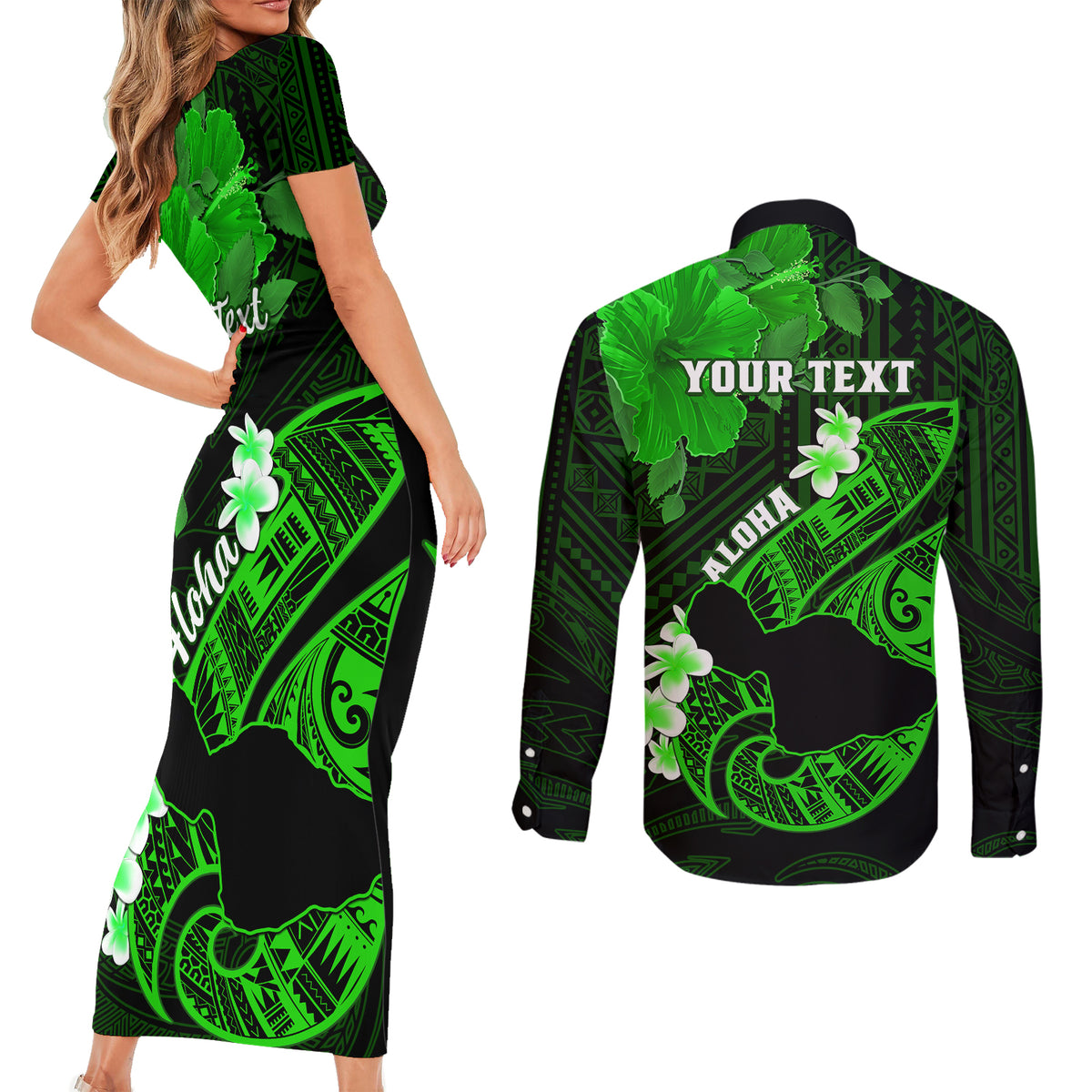 Personalized Hawaii Maui Couples Matching Short Sleeve Bodycon Dress and Long Sleeve Button Shirts Polynesian Fish Hook Hibiscus Green Version LT05 - Polynesian Pride