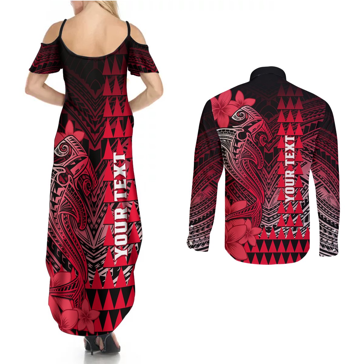 Personalized Hawaii Couples Matching Summer Maxi Dress and Long Sleeve Button Shirts Hammerhead Shark Kakau Polynesian Tribal Red LT05 - Polynesian Pride