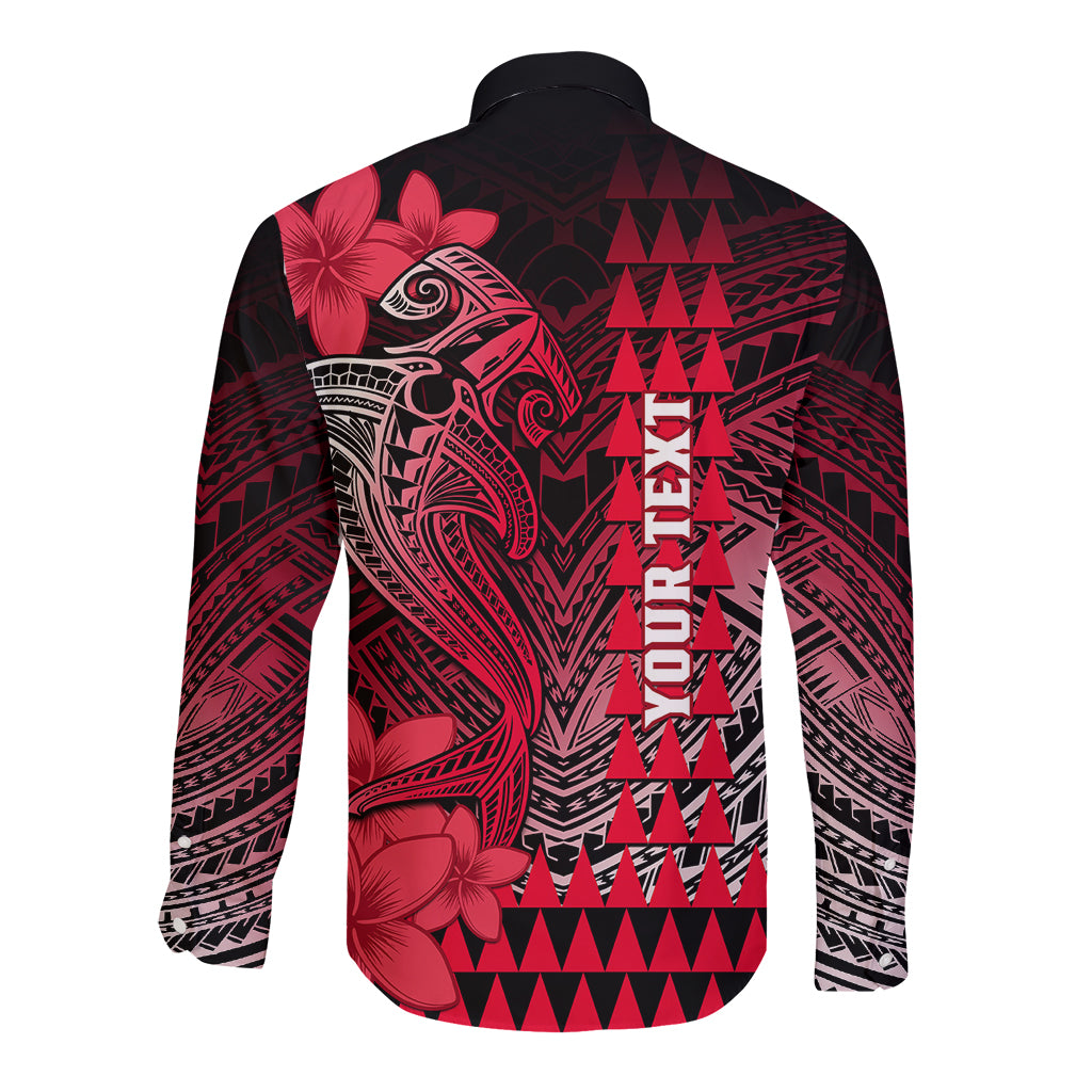 Personalized Hawaii Long Sleeve Button Shirt Hammerhead Shark Kakau Polynesian Tribal Red LT05 - Polynesian Pride