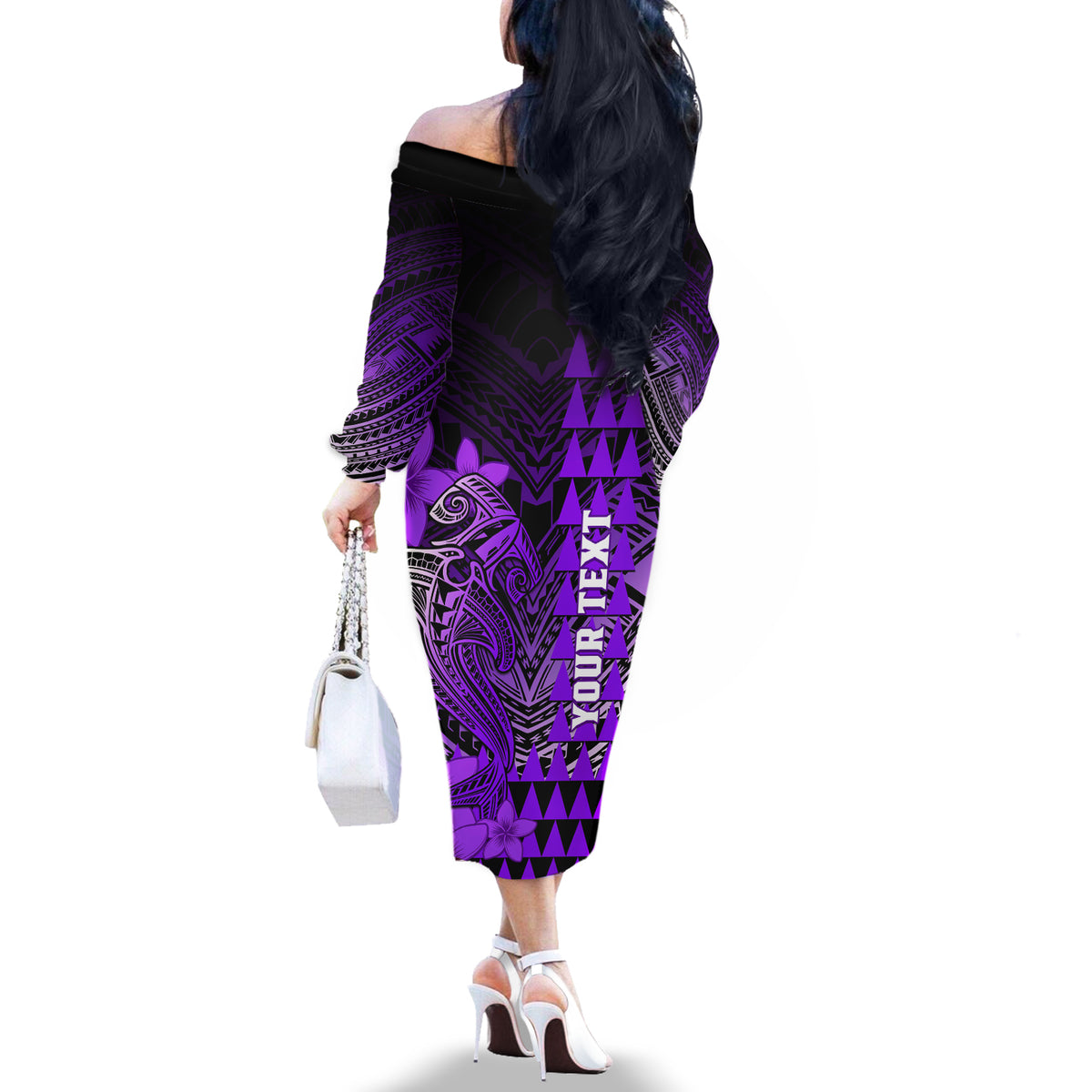 Personalized Hawaii Off The Shoulder Long Sleeve Dress Hammerhead Shark Kakau Polynesian Tribal Purple LT05 - Polynesian Pride