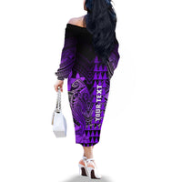 Personalized Hawaii Off The Shoulder Long Sleeve Dress Hammerhead Shark Kakau Polynesian Tribal Purple LT05 - Polynesian Pride