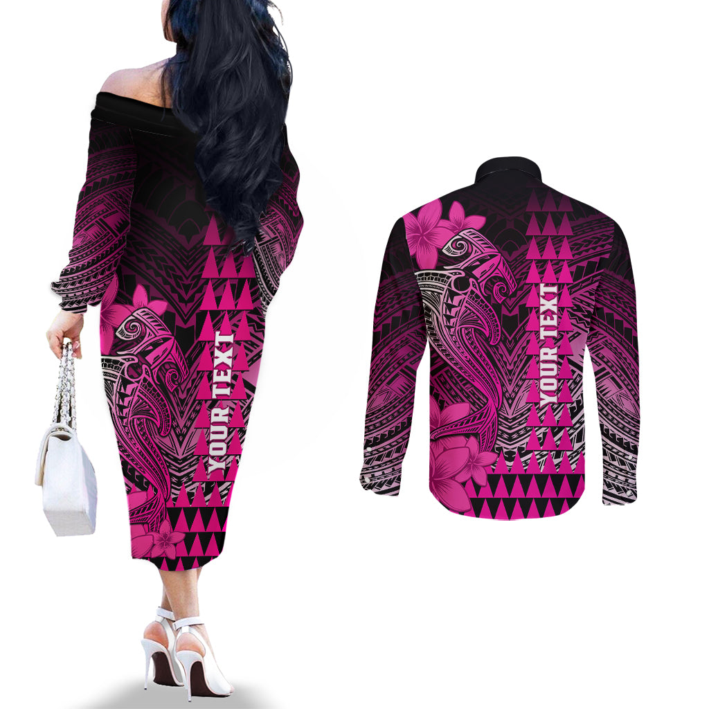 Personalized Hawaii Couples Matching Off The Shoulder Long Sleeve Dress and Long Sleeve Button Shirts Hammerhead Shark Kakau Polynesian Tribal Pink LT05 - Polynesian Pride